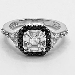 🌷DIAMONIQUE  BLACK & CLEAR ASSCHER CUT PLATINUM CLAD SZ 7